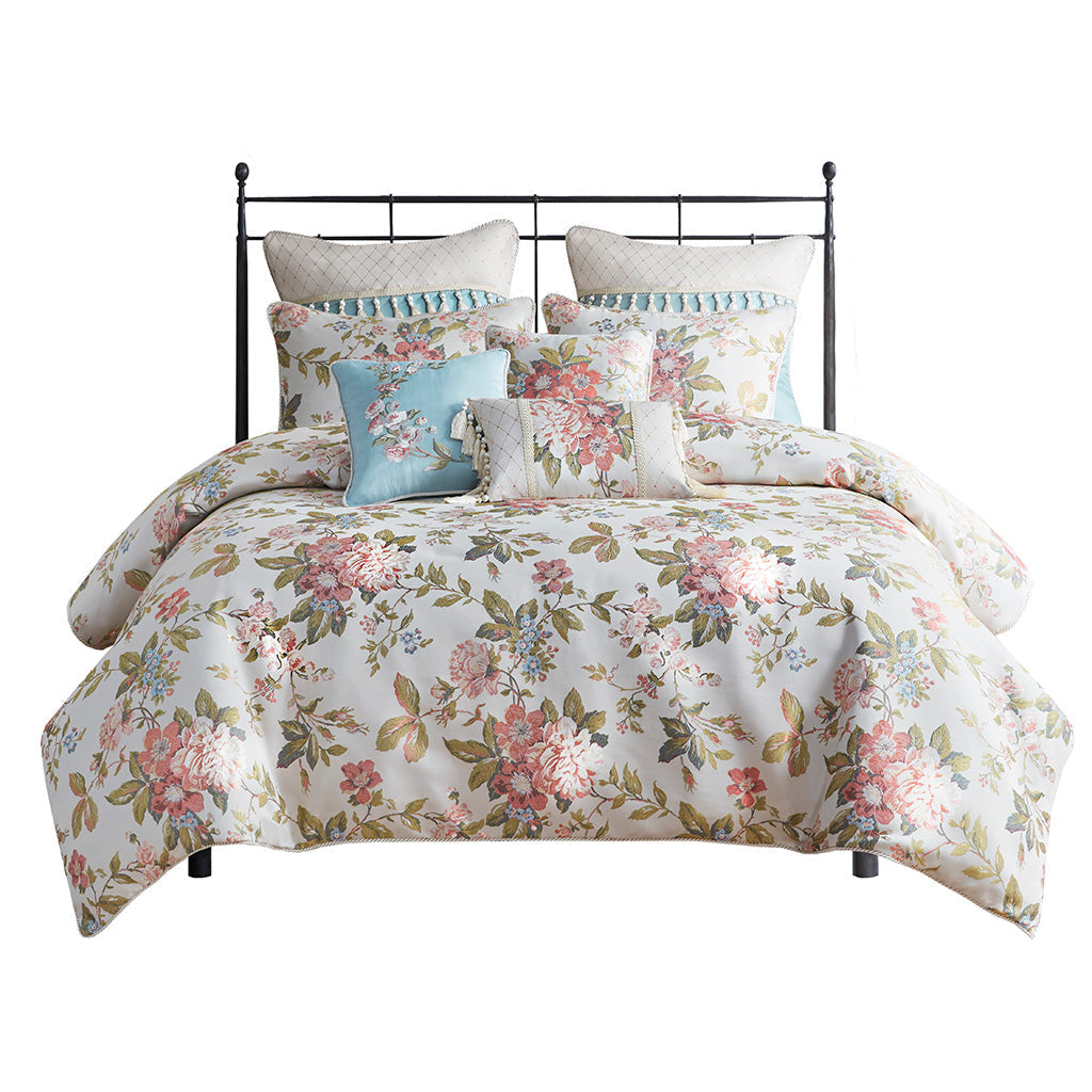 Carolyn Floral Jacquard Comforter Set with Euro Shams and Dec Pillows