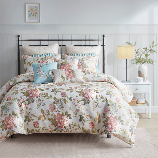 Carolyn Floral Jacquard Comforter Set with Euro Shams and Dec Pillows