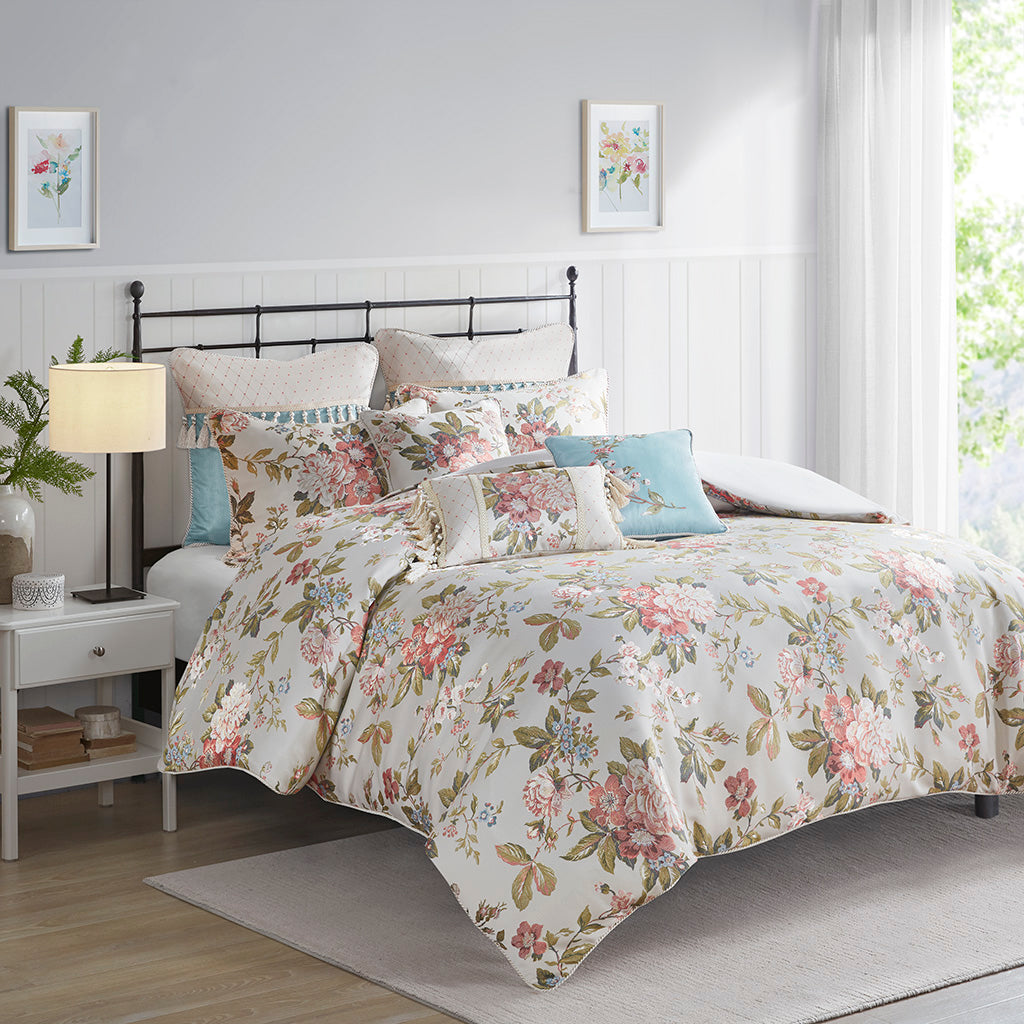 Carolyn Floral Jacquard Comforter Set with Euro Shams and Dec Pillows