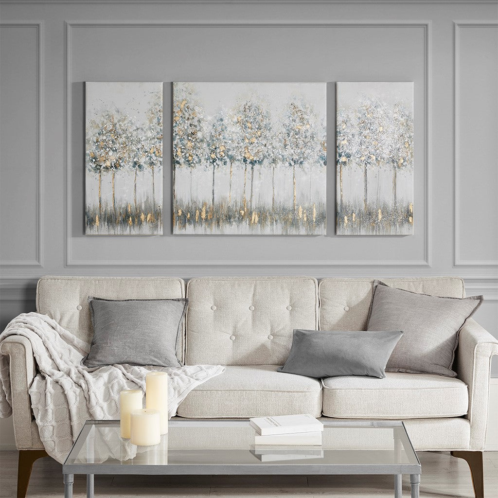 Blue Midst Forest Printed Canvas with Gold Foil 3 Piece Set