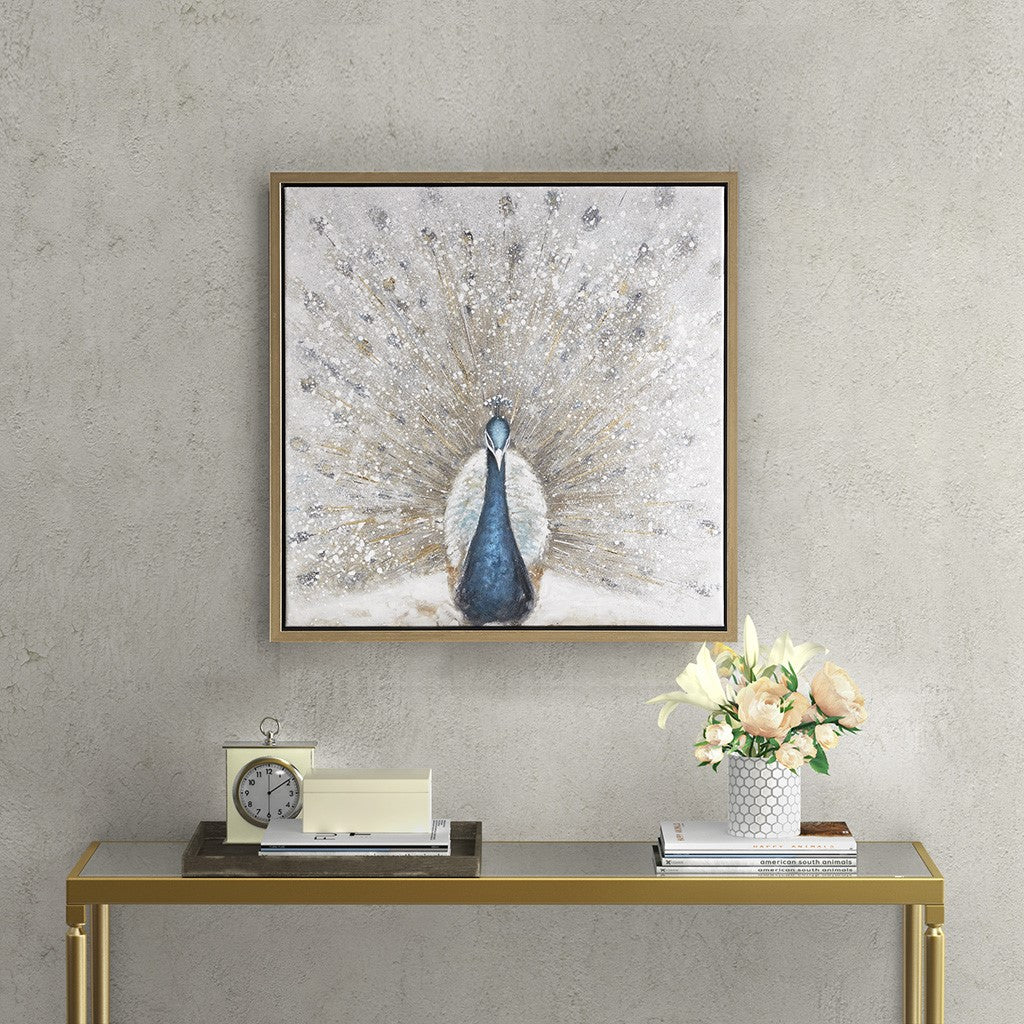 Gilded Peacock Framed Canvas with Gold Foil and Hand Embellishment