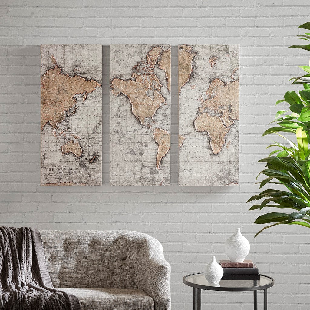 Map of the World Printed Canvas with 30% Hand Brush Embellishment Set of 3