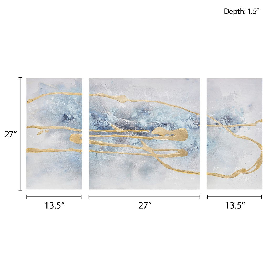 Blue Cosmo 3 Piece Canvas Set Hand Embellished Textured Glitter And Gold Foil