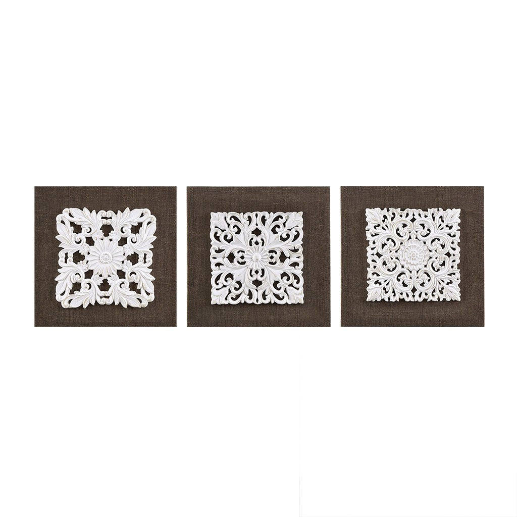 White Mandala Trinity 3D Embellished Linen Canvas 3 Piece Wall Art