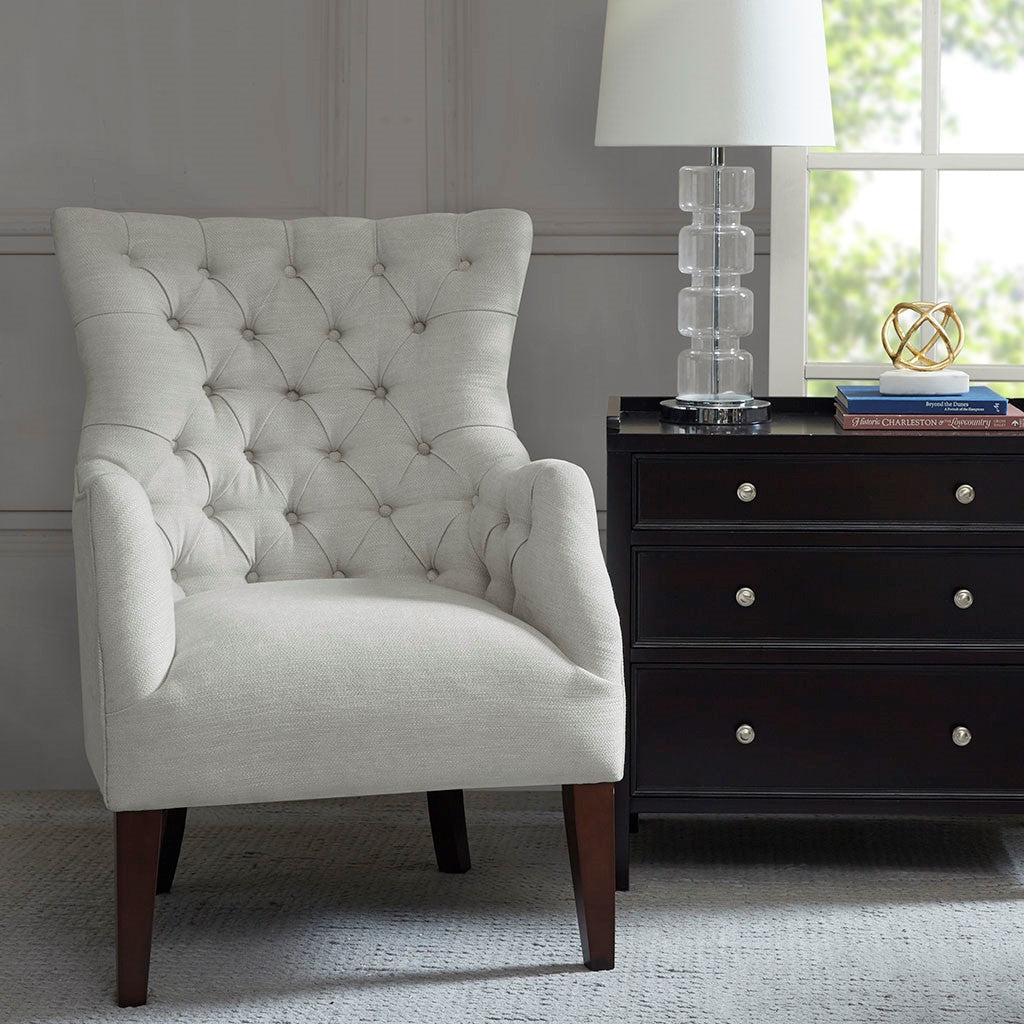 Hannah Button Tufted Ivory Wing Chair